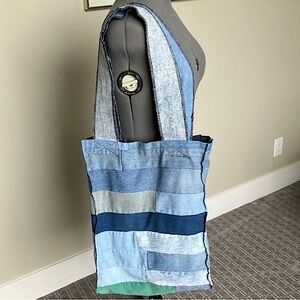Handmade rustic striped patchwork denim tote bag, distressed, two straps